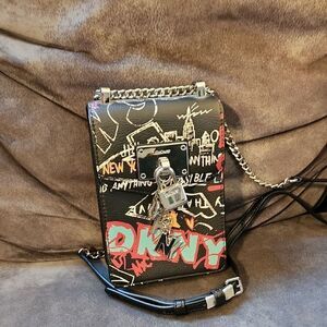 New! DKNY Graffiti Crossbody Bag With Bag Charms And Lock Purse Chain Adjustable